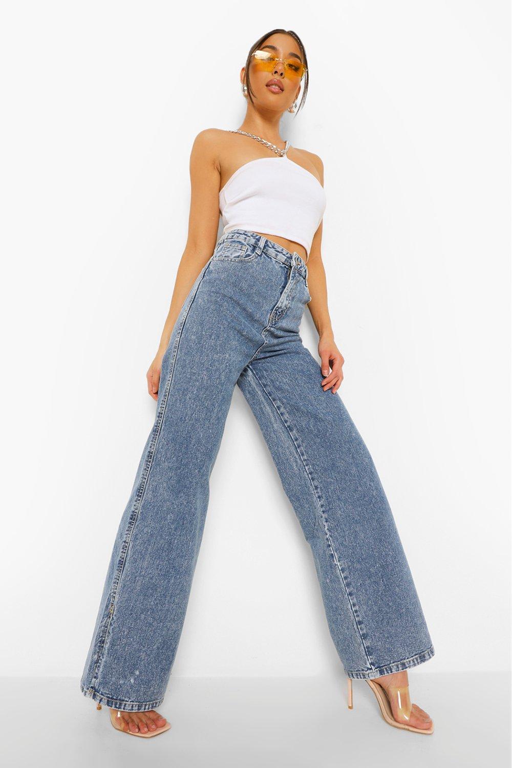 Women's Vintage Wash Wide Leg Split Hem Jeans | Boohoo UK